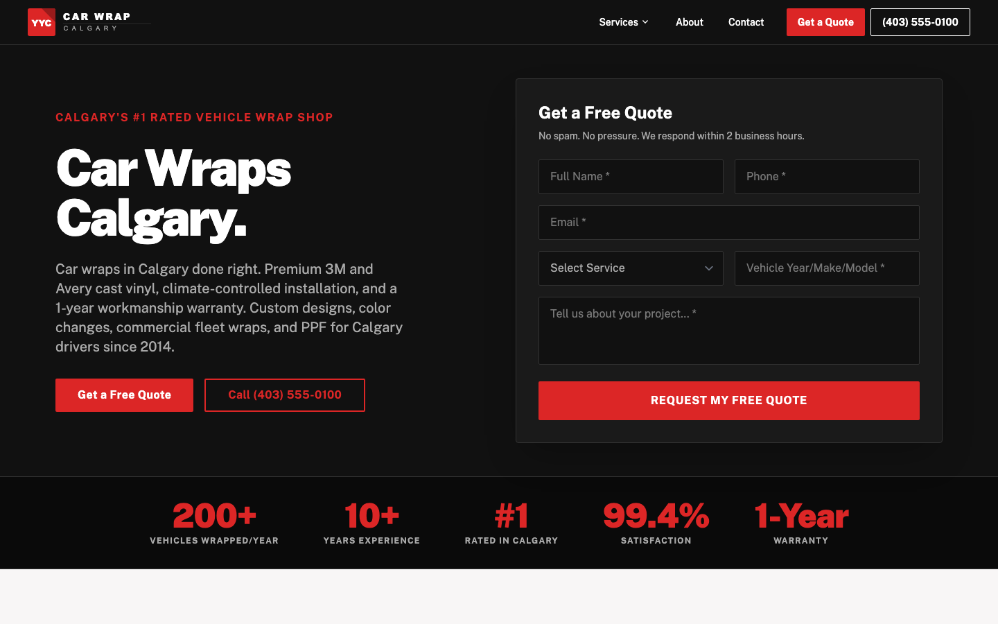 Screenshot of the Car Wrap Calgary website homepage