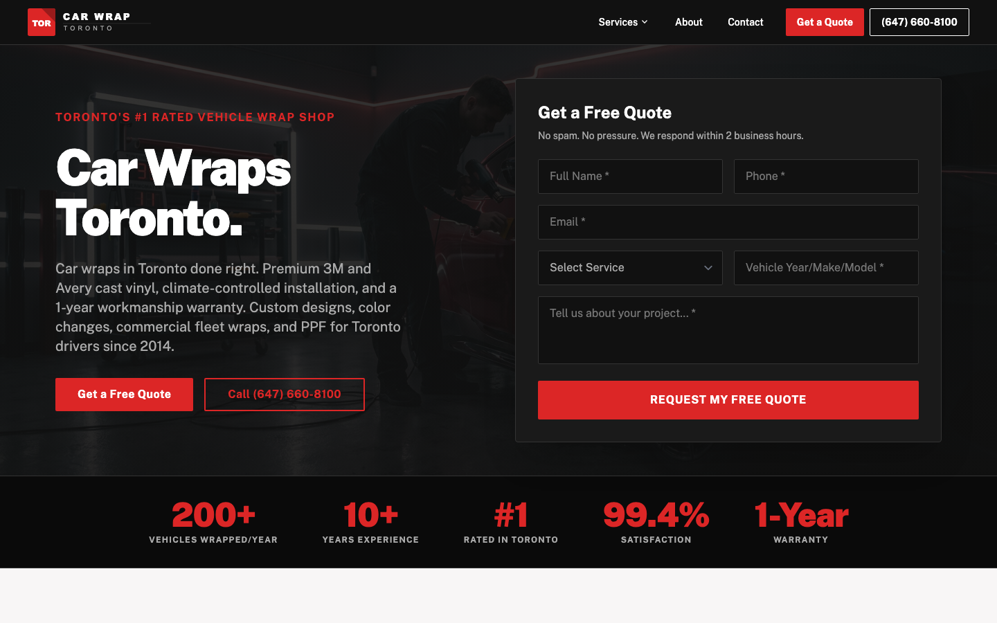 Screenshot of the Car Wrap Toronto website homepage