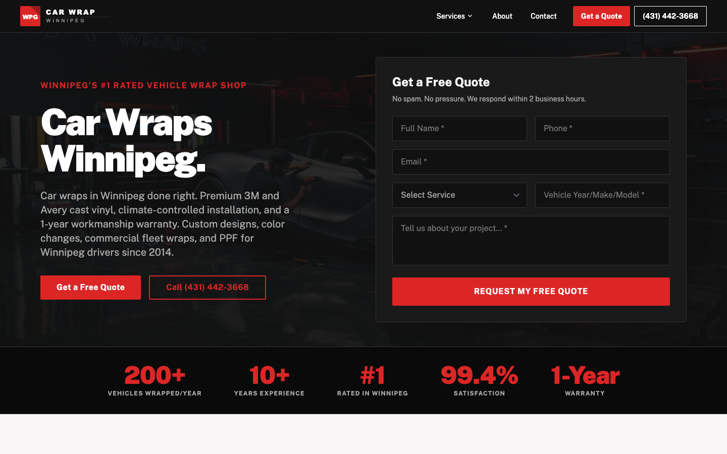Screenshot of the Car Wrap Winnipeg website homepage