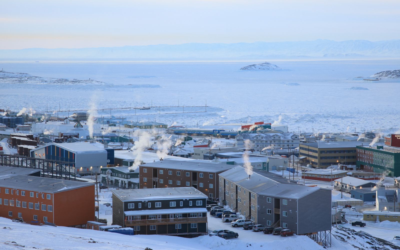 Iqaluit townscape in a snowy Arctic landscape