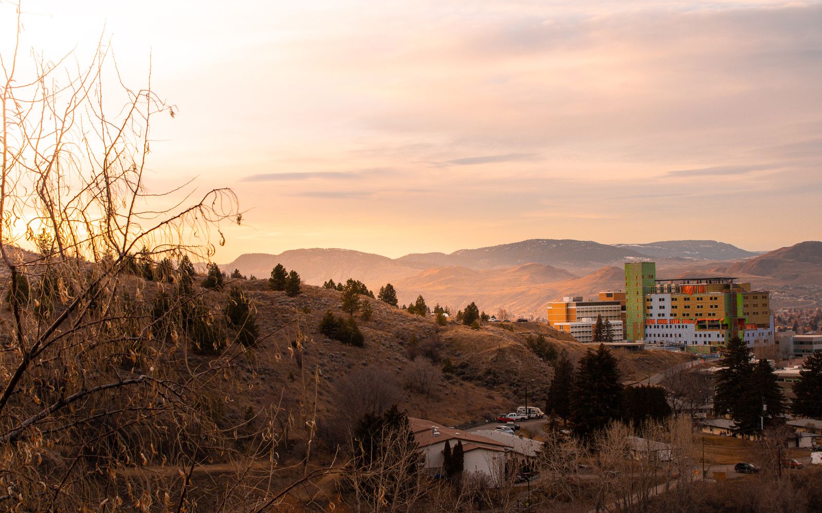 Kamloops buildings and hills at sunset