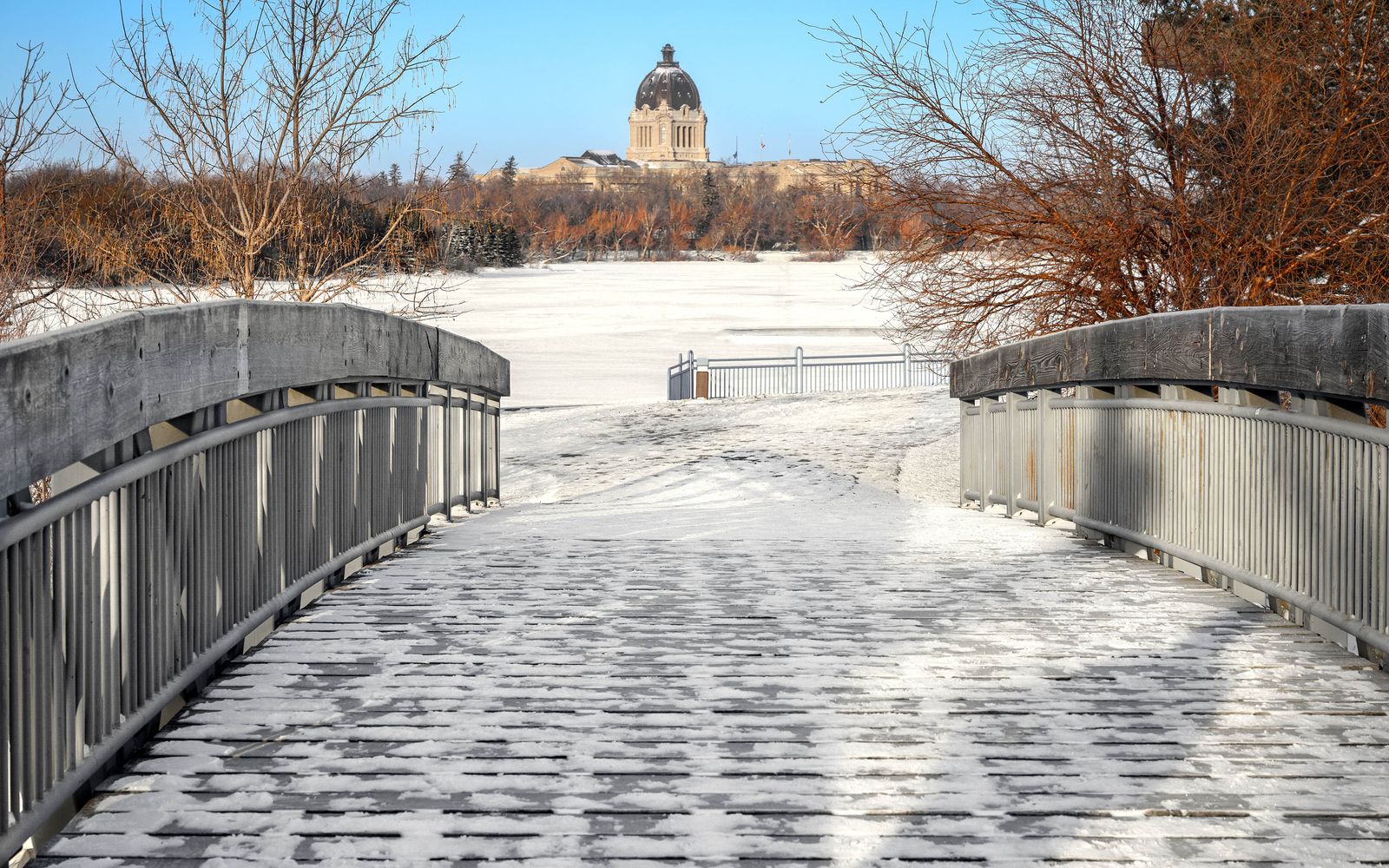 Snowy approach to the Saskatchewan Legislative Building in Regina