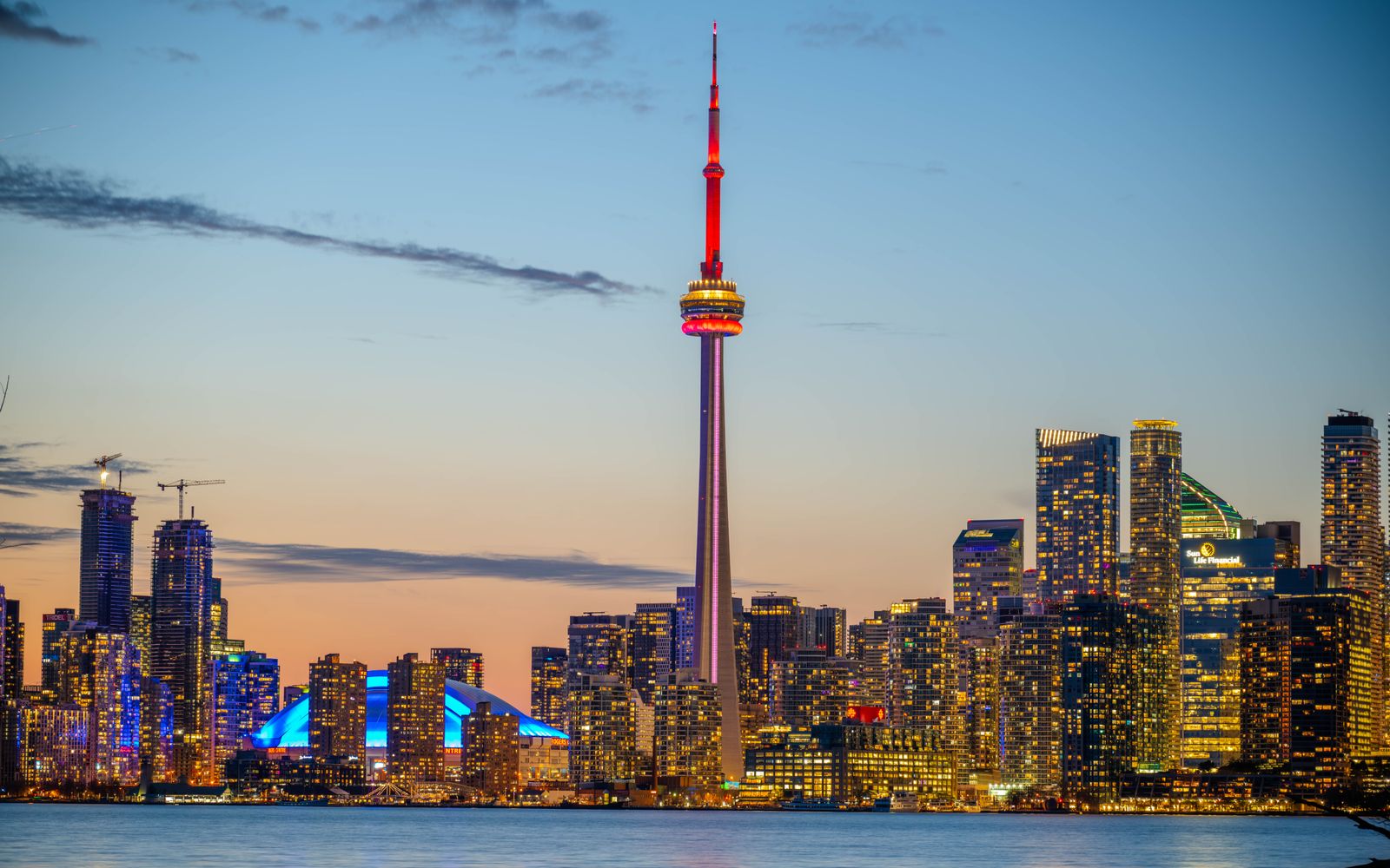 Toronto skyline and waterfront at sunset
